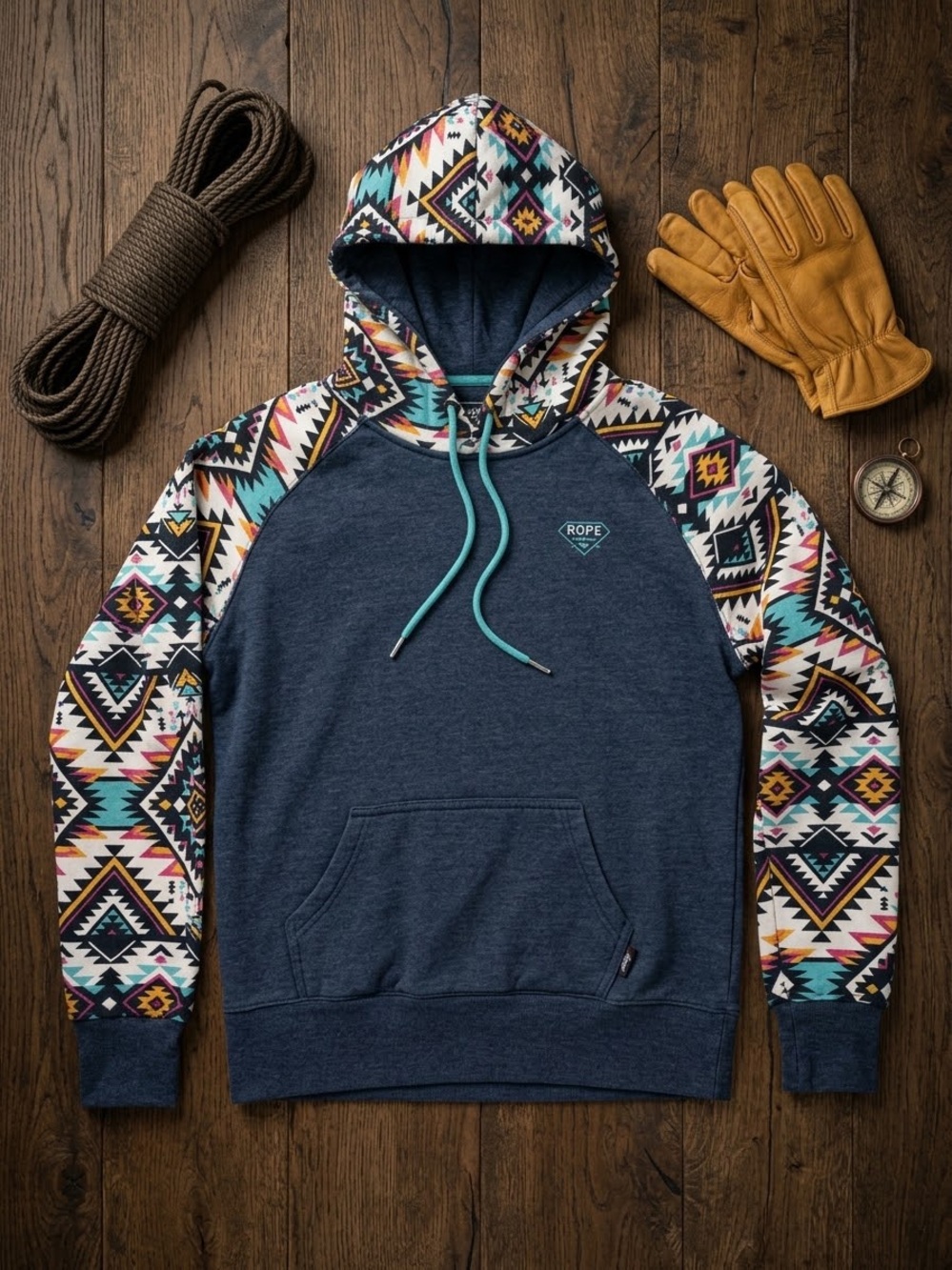 Hooey Navy Pullover Hoodie with Teal Drawstrings and Aztec Print Sleeves